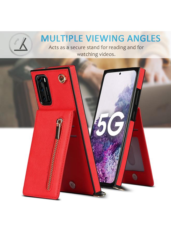 زبون جراب لهاتف Huawei P40 Pro جراب خلفي مربع الشكل من مادة TPU+PU مع حامل وفتحات للبطاقات ومحفظة وحزام - Image 4