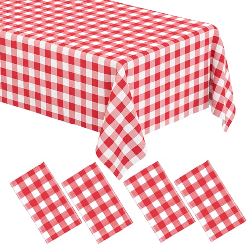 WNINK 4 Pack Red Gingham Tablecloth Rectangular Red and White Checkered Tablecloths Disposable Plastic Red Plaid Table Cover for Parties, Christmas, Outdoor Picnic, Birthday, Wedding, Camping 54 × 108 - Image 1