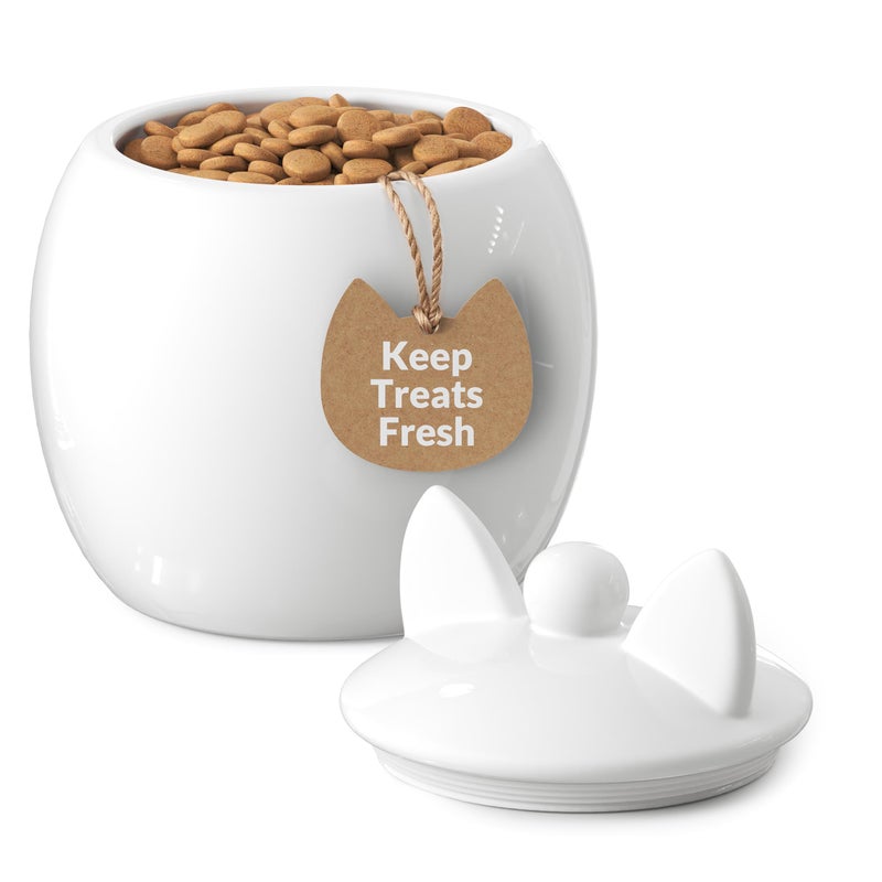 Barnyard Designs Cat Treat Container â€“ Airtight Ceramic Treat Jar with Lid, Large White Pet Treat Canister for Kitchen Counter (Cat) - Image 1