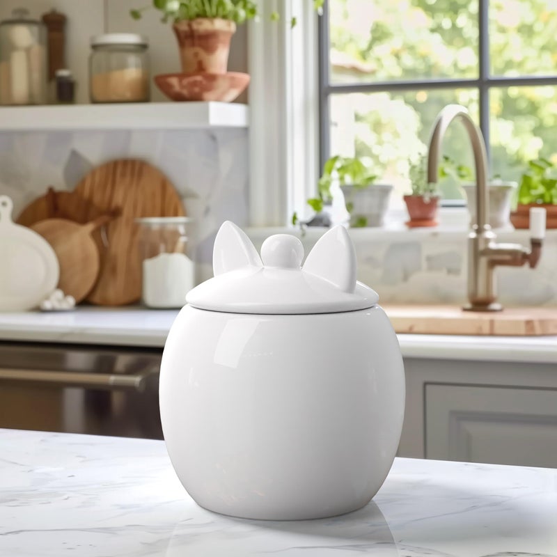 Barnyard Designs Cat Treat Container â€“ Airtight Ceramic Treat Jar with Lid, Large White Pet Treat Canister for Kitchen Counter (Cat) - Image 2