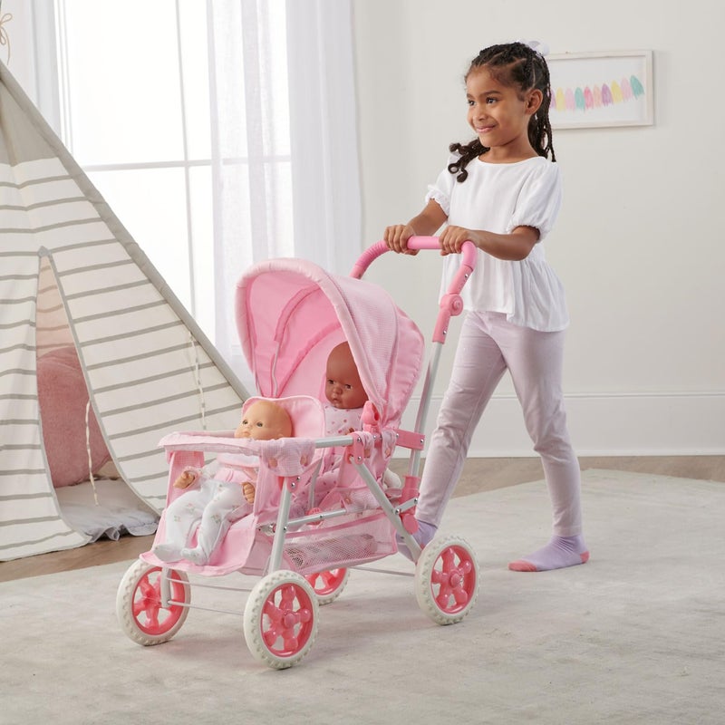 Badger Basket Folding Double Front-to-Back Doll Stroller for Dolls Up to 18 Inches - Lightweight, Compact Stroller, Pink/Gingham Design - Image 2