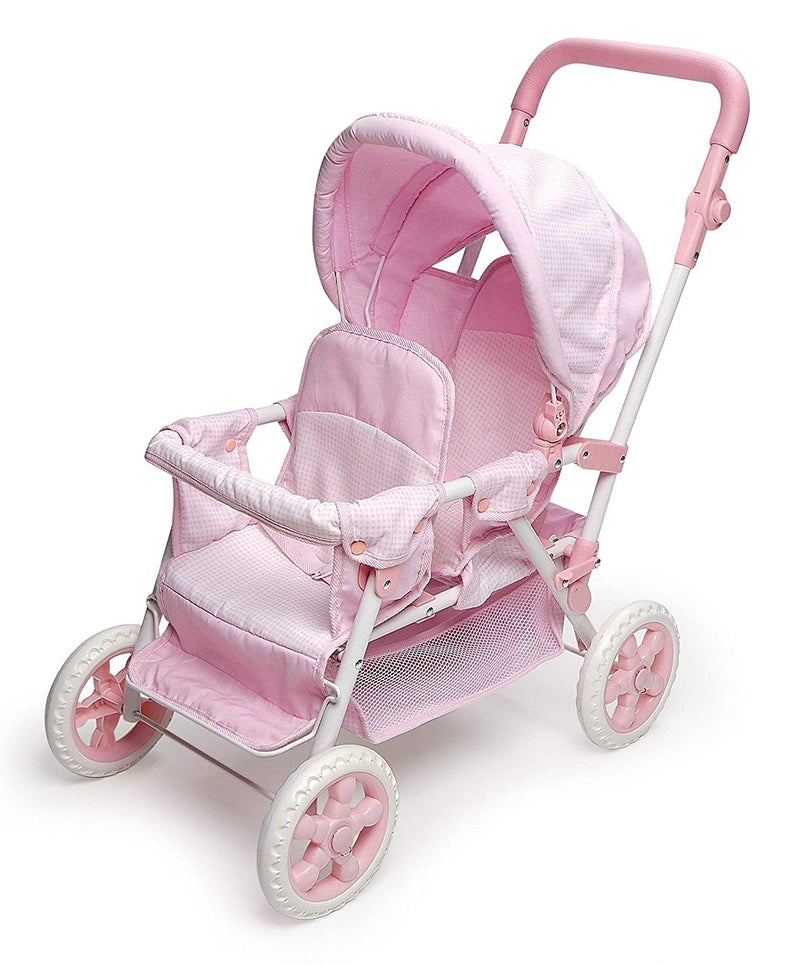 Badger Basket Folding Double Front-to-Back Doll Stroller for Dolls Up to 18 Inches - Lightweight, Compact Stroller, Pink/Gingham Design - Image 1