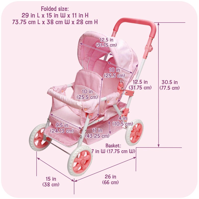 Badger Basket Folding Double Front-to-Back Doll Stroller for Dolls Up to 18 Inches - Lightweight, Compact Stroller, Pink/Gingham Design - Image 5