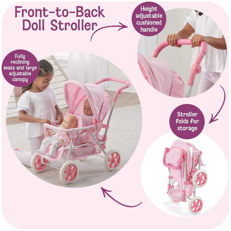 Badger Basket Folding Double Front-to-Back Doll Stroller for Dolls Up to 18 Inches - Lightweight, Compact Stroller, Pink/Gingham Design - Image 3