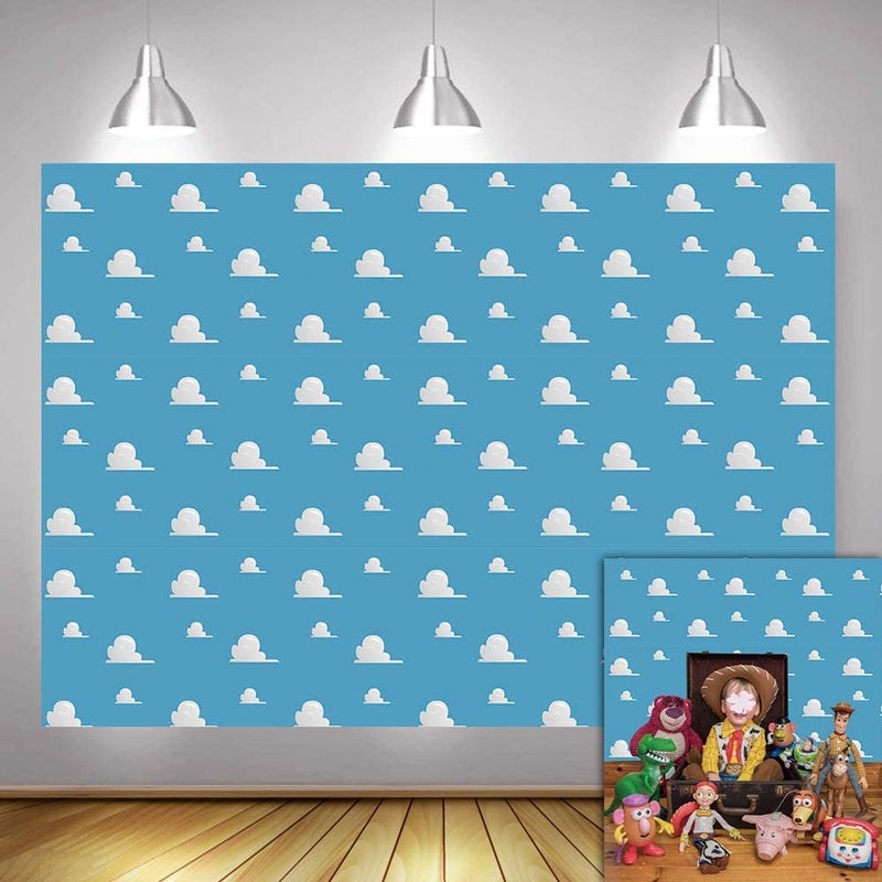 Fanghui 7x5FT Cartoon Kids Backdrop Blue Sky White Clouds Background Birthday Party Boy Baby Shower Dessert Table Banner Supplies Photo Booth Props - Image 1