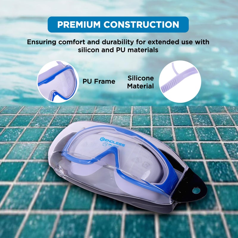 Endless EL1009 Premium Swimming Goggle with Anti-Fog and UV Protection | Blue | Stylish Big Frame for more Visibility | Soft Silicone Gasket for Leak Proof | With Hard Case - Image 3