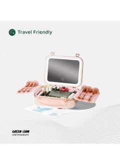 GREEN LION Fest Cosmetic Bag Organizer with Lighted Mirror & Adjustable Storage Partition / Cool, Natural & Warm Light Modes / Travel-Friendly / Water Resistant / Carry Handle / PC + Aluminum Alloy Material - Pink  - Image 3