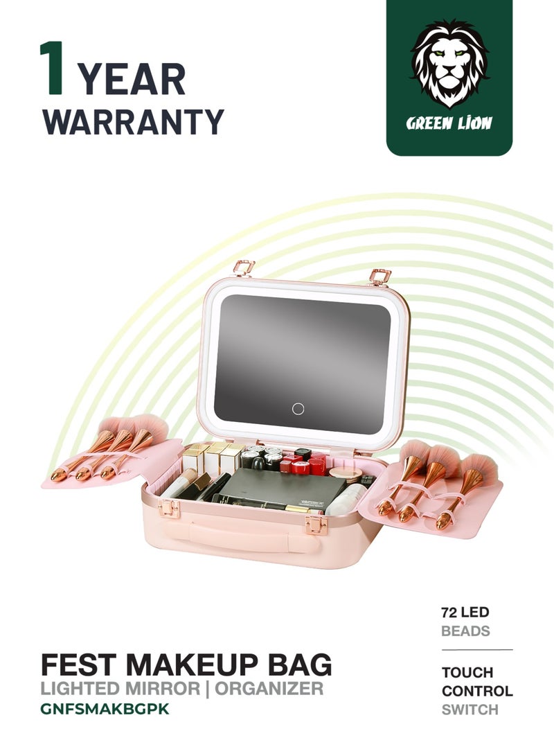 GREEN LION Fest Cosmetic Bag Organizer with Lighted Mirror & Adjustable Storage Partition / Cool, Natural & Warm Light Modes / Travel-Friendly / Water Resistant / Carry Handle / PC + Aluminum Alloy Material - Pink - Image 1