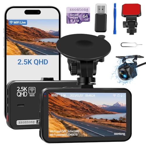 ssontong Dash Cam Front and Rear, Dash Camera for Cars WiFi/APP Control Dual Dashcam W/ 64GB Card, 2.5K Dash Cam Front+1080P Rear Car Camera W/Super Night Vision, Loop Recording, G-Sensor, Max Support 256GB - Image 1