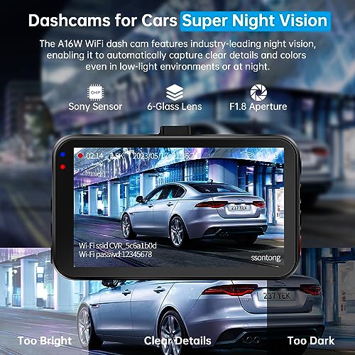 ssontong Dash Cam Front and Rear, Dash Camera for Cars WiFi/APP Control Dual Dashcam W/ 64GB Card, 2.5K Dash Cam Front+1080P Rear Car Camera W/Super Night Vision, Loop Recording, G-Sensor, Max Support 256GB - Image 4