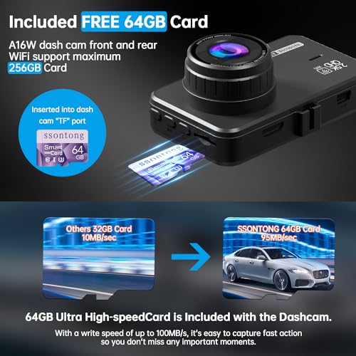 ssontong Dash Cam Front and Rear, Dash Camera for Cars WiFi/APP Control Dual Dashcam W/ 64GB Card, 2.5K Dash Cam Front+1080P Rear Car Camera W/Super Night Vision, Loop Recording, G-Sensor, Max Support 256GB - Image 5