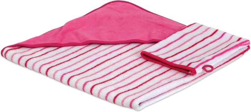 TowelSelections Turkish Cotton Hooded Terry Velour Baby Bath Towel and Glove Set Pink Striped - Image 1