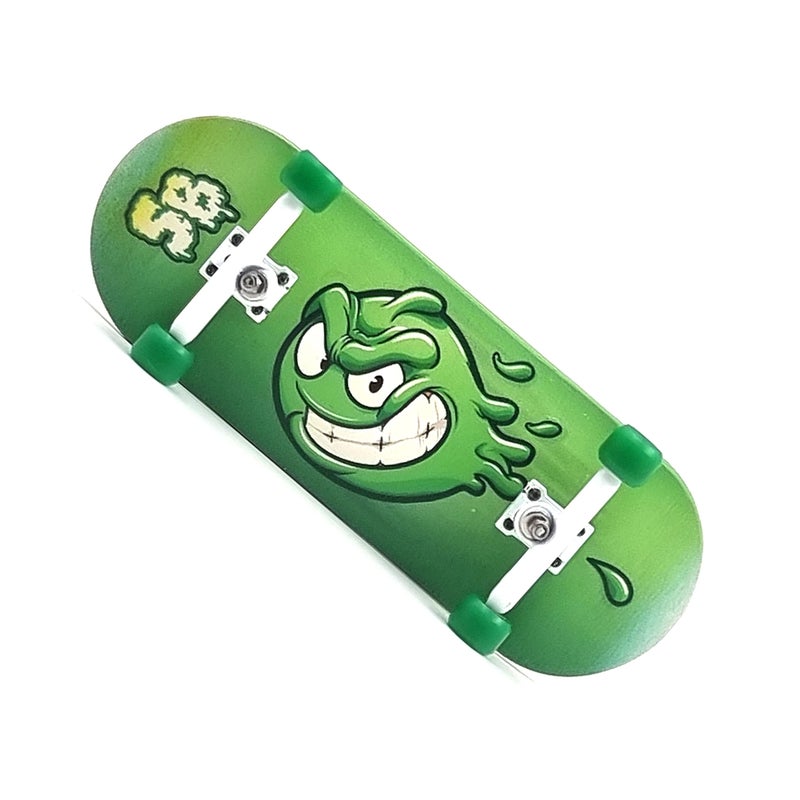 SPITBOARDS 34mm x 96mm Pro Fingerboard Set-Up (Complete) | Real Wood Deck | Pro Trucks with Lock-Nuts and Pro Bushings | Polyurethane Pro Wheels with Bearings | Slimeball (Green Version) - Image 1