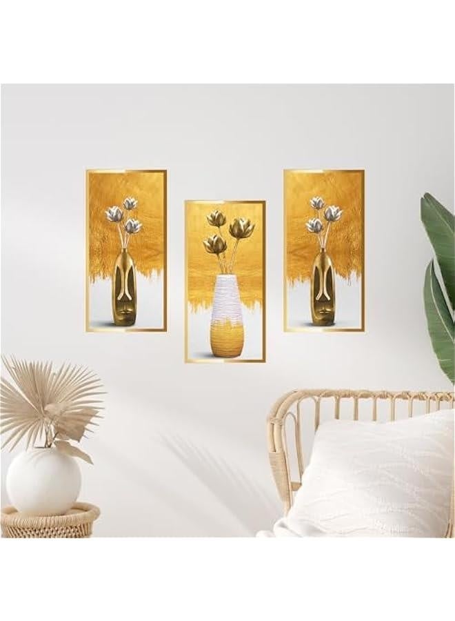 Gold Vase Self Adhesive Wall Stickers, 3D Vinyl Lotus Wall Art Sticker Set of 3, Wall Decal Home Decor Wall Posters and Prints for Aisle Stairs Wall Corner Living Room Sofa Backdrop, 11.8x23.6  - Image 5