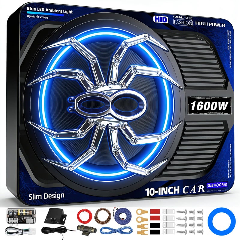 SUBPULSIX حزمة مضخم الصوت تحت المقعد SUBPULSIX 1600W النحيف ومضخم الصوت، مضخم صوت سيارة مزود بمضخم من الفئة D مدمج، صوت عميق تحت الصوت، ألمنيوم مصبوب، مفتاح إضاءة محيطة LED، لسيارات الشاحنات وSUV - Image 1