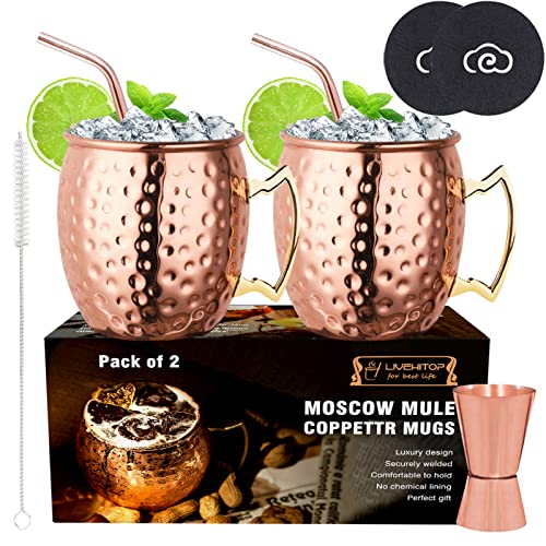 LIVEHITOP Moscow Mule Copper Mugs Set of 2, 19.5 Oz Handcrafted Copper Cups Stainless Steel Lining with Jigger, Straws, Brush, Coasters for Party, Bar, Gift - Image 1