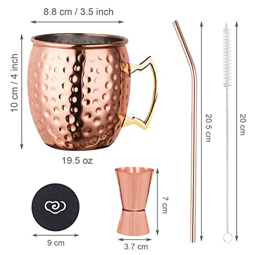LIVEHITOP Moscow Mule Copper Mugs Set of 2, 19.5 Oz Handcrafted Copper Cups Stainless Steel Lining with Jigger, Straws, Brush, Coasters for Party, Bar, Gift - Image 3