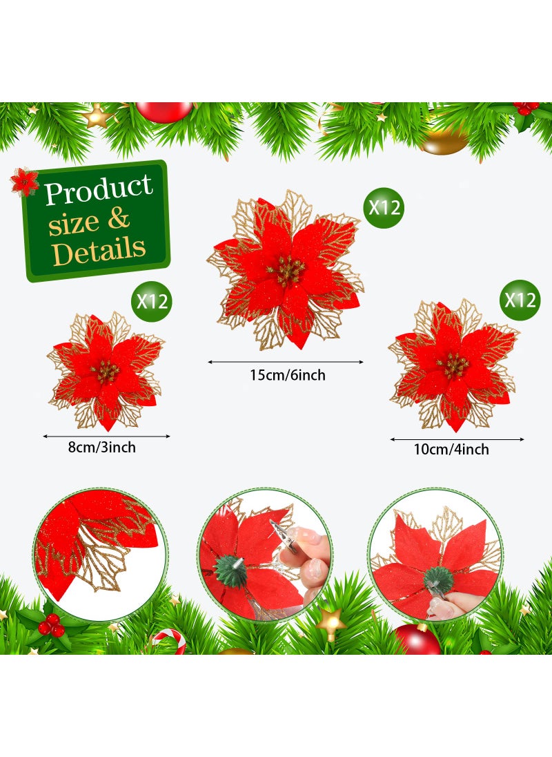 Geosar Geosar 36 Pcs 3 Size Christmas Poinsettia Flowers 3'' 4'' 6'' Tree Decorations Glitter Faux Flowers Xmas Artificial Poinsettia Ornaments New Year for Party Favor(Red)  - Image 2