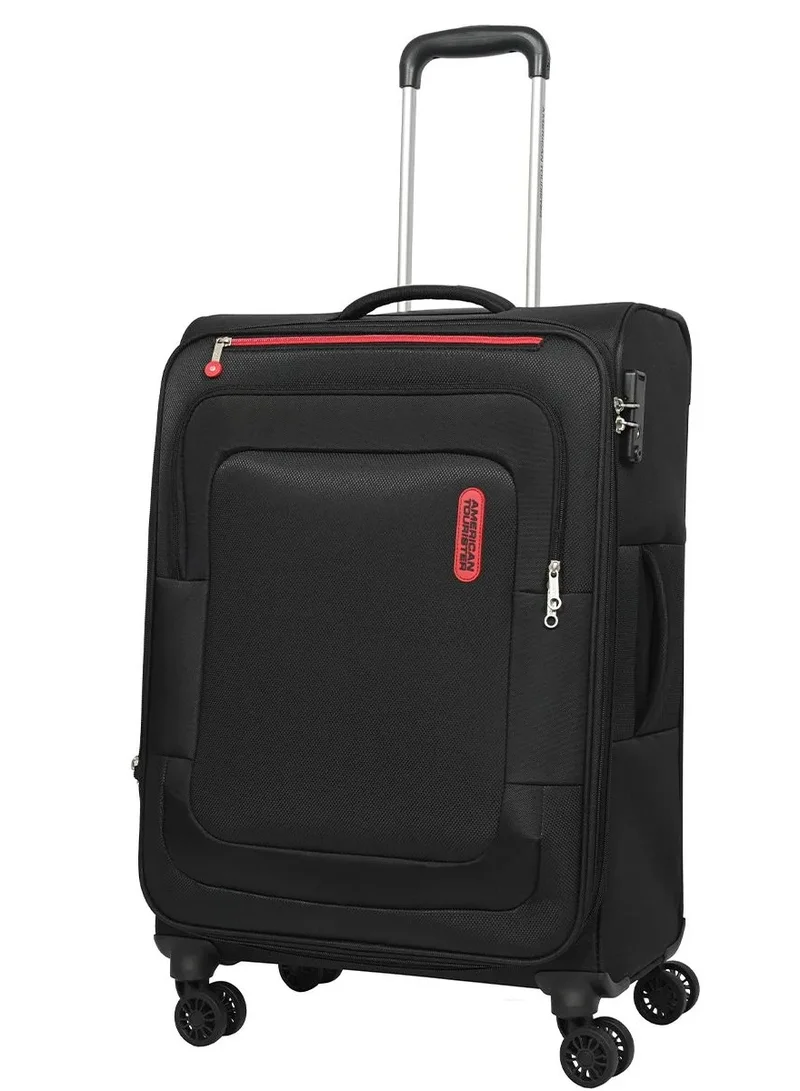 AMERICAN TOURISTER Duncan+ Suitcase, 4 Spinner Wheels, Soft Top, 100% Polyester, Black|Lightweight|Water Resistant Material|TSA Lock|Front Storage Compartment|Expandable - 3 Years International Warranty