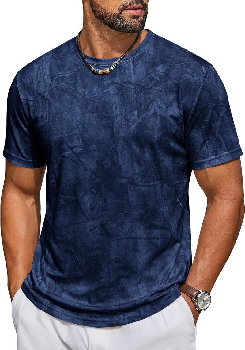 Runcati Mens Short Sleeve Crew Neck T-Shirt Tie Dye Casual Graphic Shirt Hipster Stretchy Tee Tops Dark Blue - Image 1