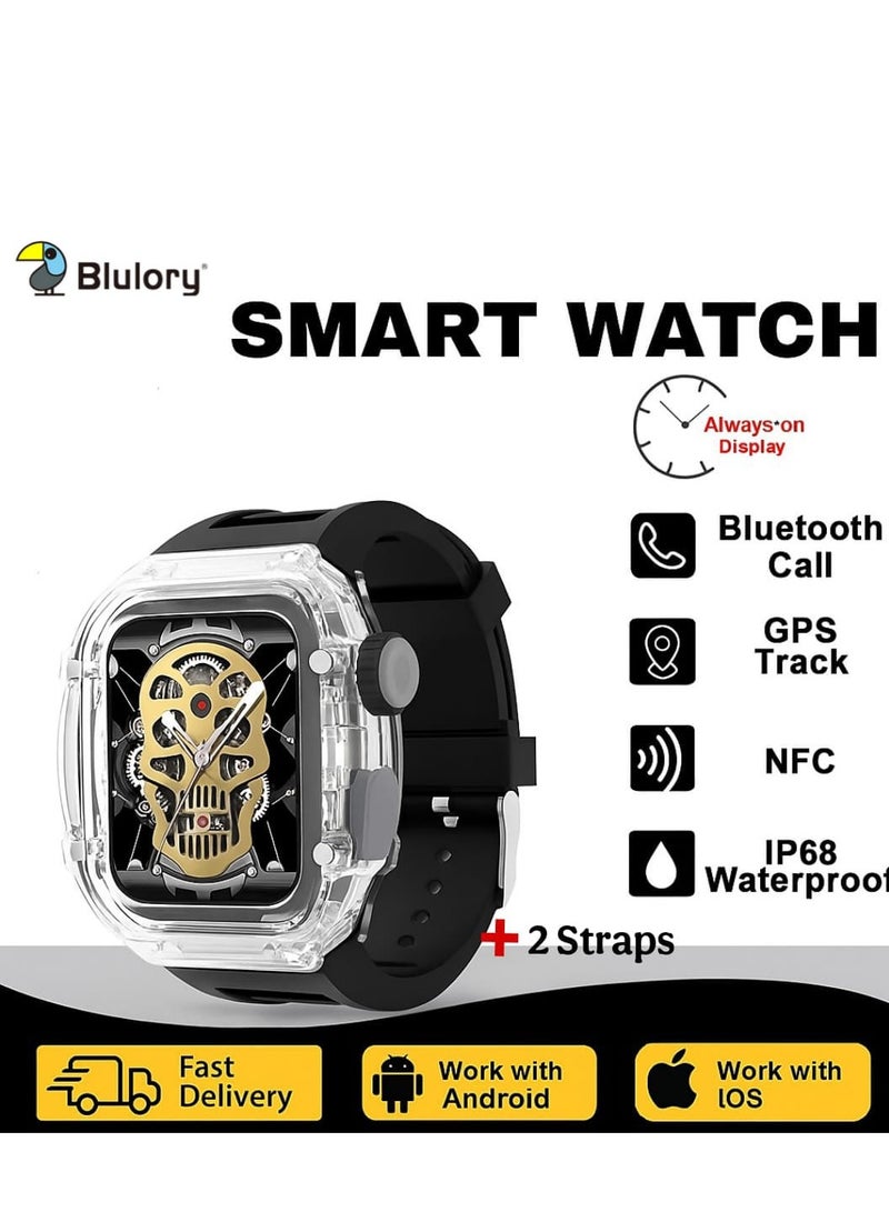 بلوري ساعة ذكية مقاس 2.1 بوصة HD مع مكالمات بلوتوث، NFC، وضع العرض الدائم، مقاومة للماء، مراقبة معدل ضربات القلب، SpO₂ والنوم، تتبع اللياقة البدنية للرياضات المتعددة، التحكم بالموسيقى والكاميرا، المساعد الصوتي الذكي، بطارية طويلة العمر، و8 أحزمة قابلة للتبديل أنيقة - Image 1