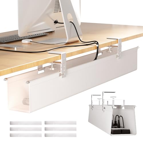Cinati [Upgraded] Large Under Desk Cable Management Tray, Cinati Cable Management Under Desk No Drill, 28.4" Fabric Cord Hider for Wire Organizer, Cord Organizer for Office, Home - Supports Up to 30lbs White - Image 1