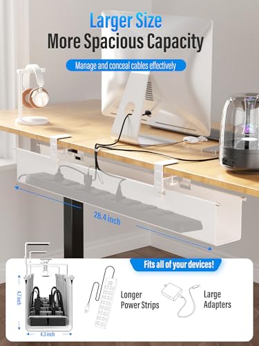 Cinati [Upgraded] Large Under Desk Cable Management Tray, Cinati Cable Management Under Desk No Drill, 28.4" Fabric Cord Hider for Wire Organizer, Cord Organizer for Office, Home - Supports Up to 30lbs White - Image 4