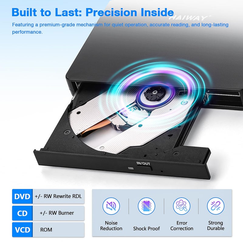 Haiway External DVD Drive, USB 3.0 Type-C CD DVD Burner, Portable +/-RW CD/DVD Optical Drive CD ROM Reader Writer Player for Laptop PC MacBook Windows 11/10/8/7 Linux Mac OS (USB 3.0 & Type-C PMWBK) - Image 2