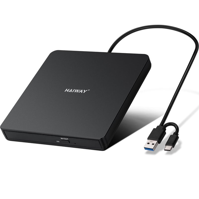 Haiway External DVD Drive, USB 3.0 Type-C CD DVD Burner, Portable +/-RW CD/DVD Optical Drive CD ROM Reader Writer Player for Laptop PC MacBook Windows 11/10/8/7 Linux Mac OS (USB 3.0 & Type-C PMWBK) - Image 1