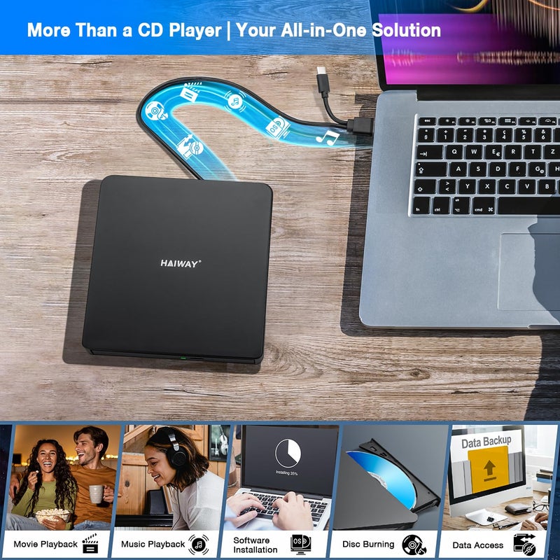 Haiway External DVD Drive, USB 3.0 Type-C CD DVD Burner, Portable +/-RW CD/DVD Optical Drive CD ROM Reader Writer Player for Laptop PC MacBook Windows 11/10/8/7 Linux Mac OS (USB 3.0 & Type-C PMWBK) - Image 5