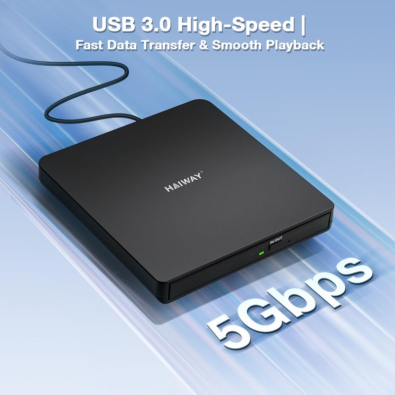 Haiway External DVD Drive, USB 3.0 Type-C CD DVD Burner, Portable +/-RW CD/DVD Optical Drive CD ROM Reader Writer Player for Laptop PC MacBook Windows 11/10/8/7 Linux Mac OS (USB 3.0 & Type-C PMWBK) - Image 3