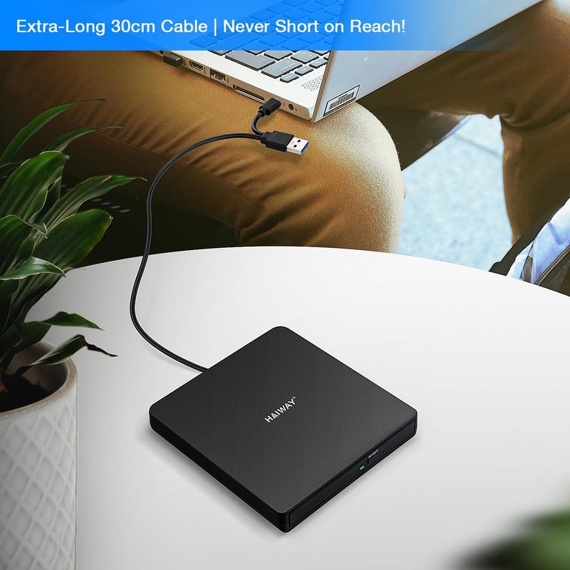 Haiway External DVD Drive, USB 3.0 Type-C CD DVD Burner, Portable +/-RW CD/DVD Optical Drive CD ROM Reader Writer Player for Laptop PC MacBook Windows 11/10/8/7 Linux Mac OS (USB 3.0 & Type-C PMWBK) - Image 4