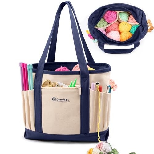 MYBAGZING Canvas Yarn Storage Organizer Bag Washable Crochet Bag with Pockets for Yarn Hooks Needles Travel Knitting Tote for Crafters Gift for Crocheters Knitters MediumLarge - Image 1