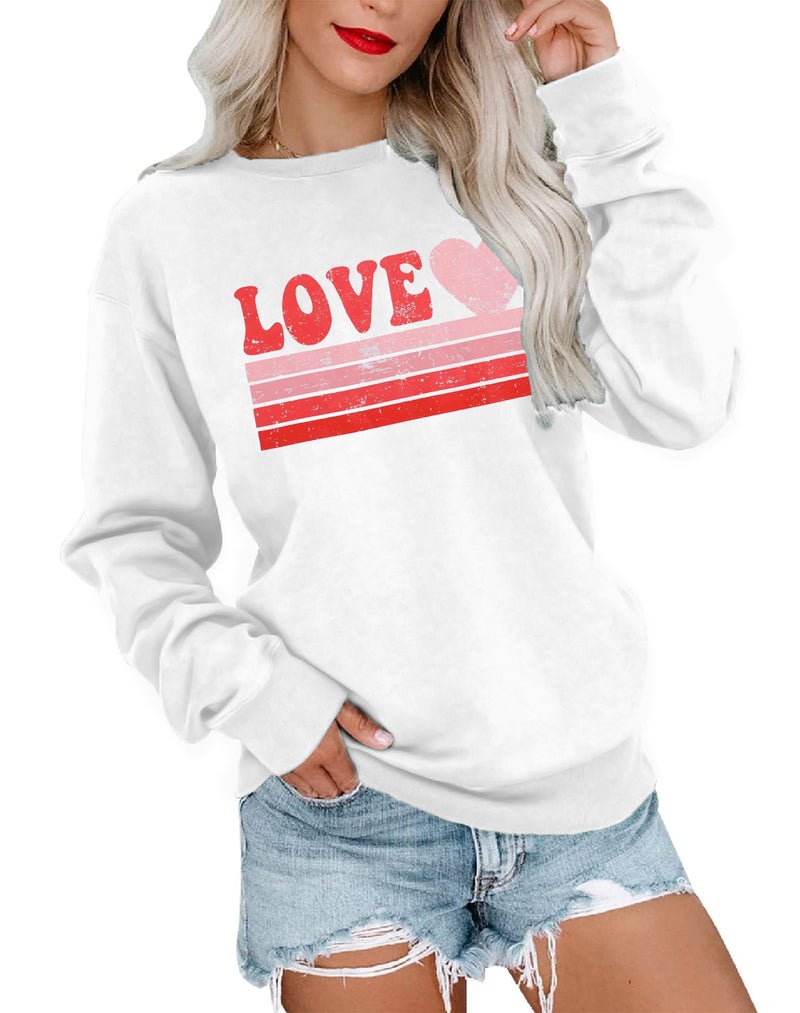 LUKYCILD Valentines Love Heart Shirt: Women Casual Crewneck Sweatshirts Funny Love Graphic Tee Long Sleeve Pullover Tops White - Image 1