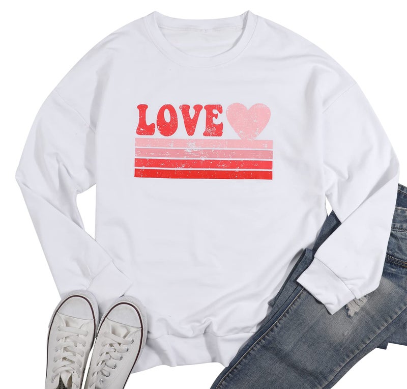 LUKYCILD Valentines Love Heart Shirt: Women Casual Crewneck Sweatshirts Funny Love Graphic Tee Long Sleeve Pullover Tops White - Image 5