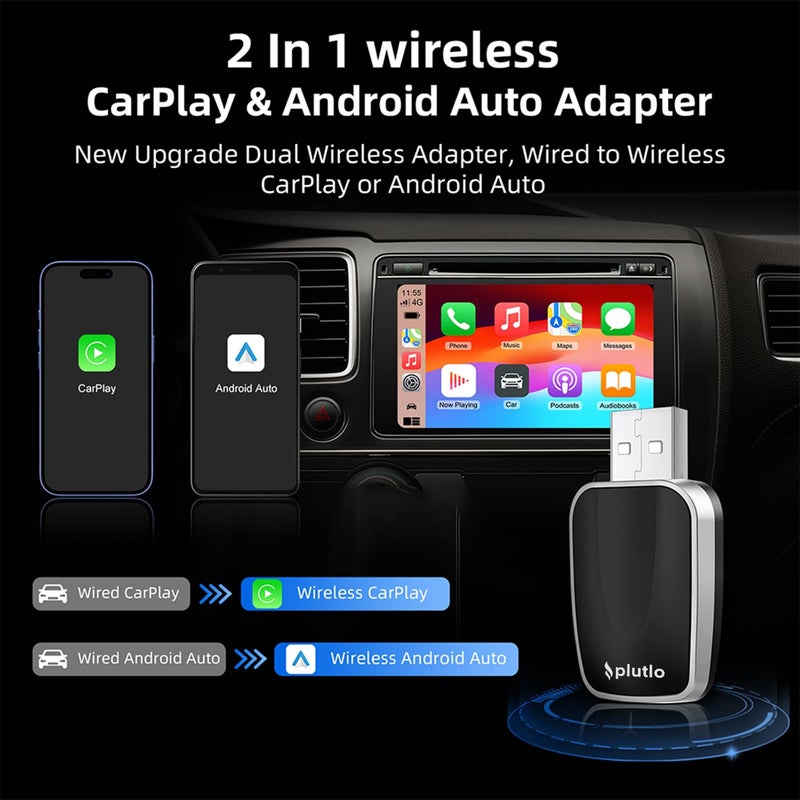 Plutlo 2-in-1 Wireless Airlink CarPlay & Android Auto Adapter, Wired to Wireless Conversion, Plug & Play, Auto Reconnect, Voice Control, OTA Update, Compatible with 98% Cars - Image 2