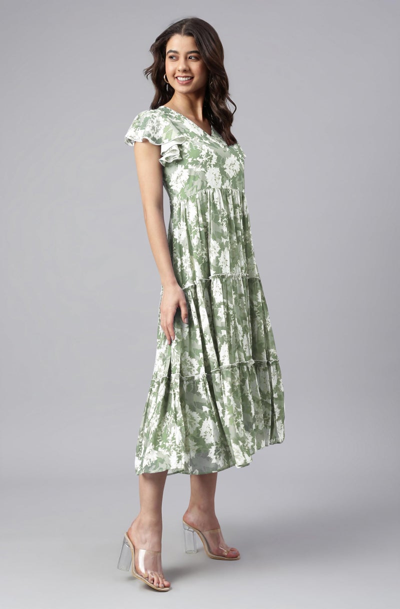 Janasya Women's Sage Green Georgette Abstract Printed Tiered Dress (JAC24DR01784-2XL) - Image 4
