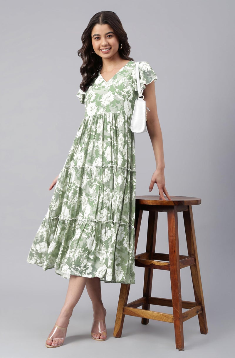 Janasya Women's Sage Green Georgette Abstract Printed Tiered Dress (JAC24DR01784-2XL) - Image 2