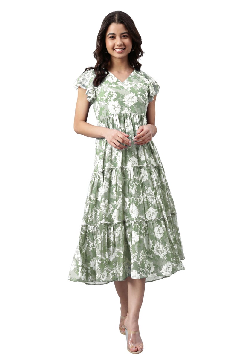 Janasya Women's Sage Green Georgette Abstract Printed Tiered Dress (JAC24DR01784-2XL) - Image 1