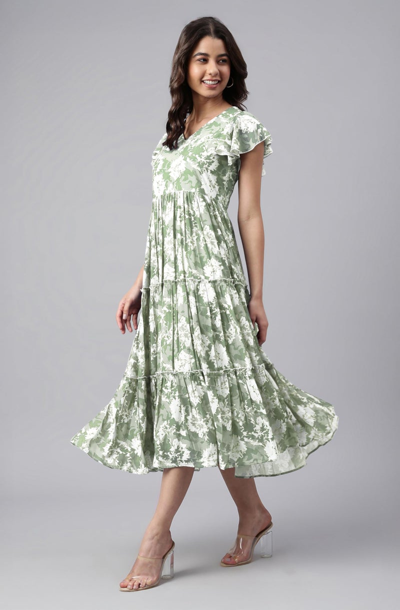 Janasya Women's Sage Green Georgette Abstract Printed Tiered Dress (JAC24DR01784-2XL) - Image 3