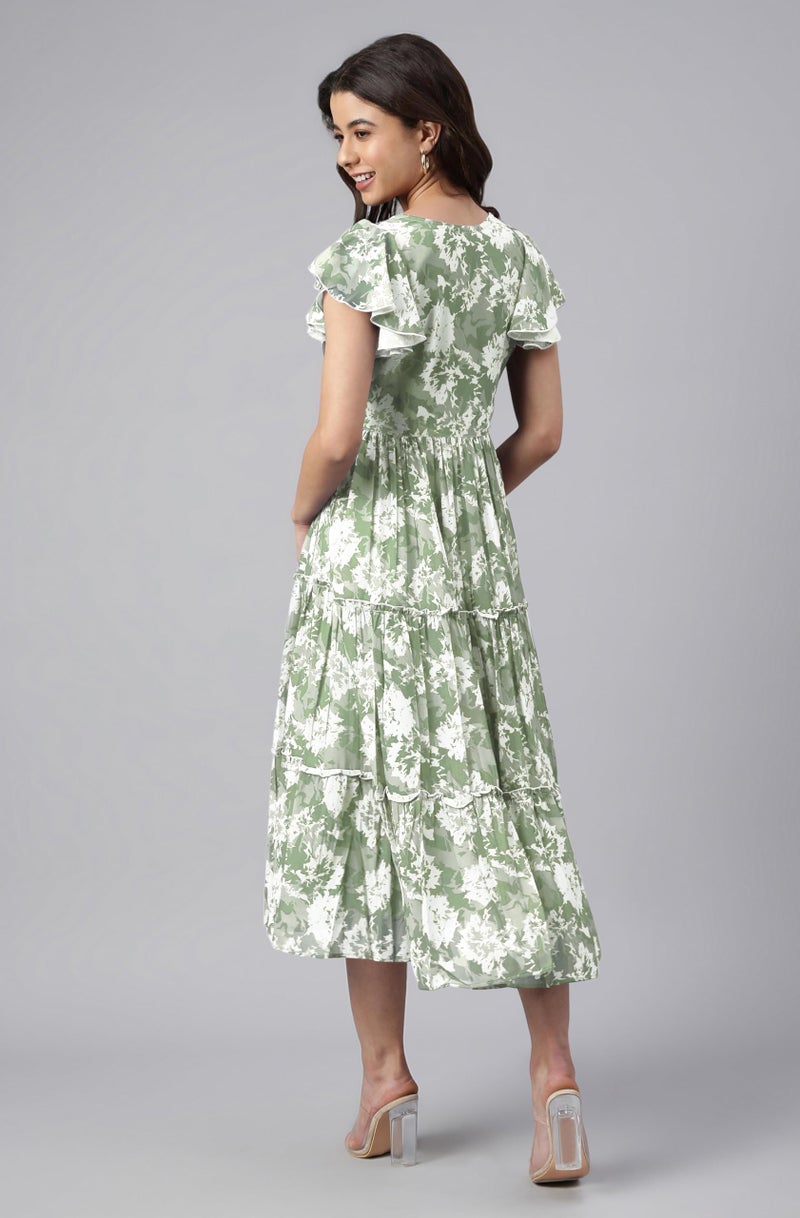 Janasya Women's Sage Green Georgette Abstract Printed Tiered Dress (JAC24DR01784-2XL) - Image 5