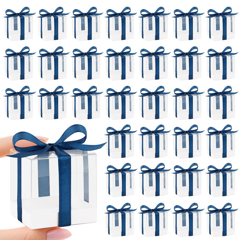 Hxezoc 50 Pack Favor Boxes 2x2x2 Inches Clear Candy Treat Boxes with Navy Blue Ribbons, Mini Plastic Gift for Wedding, Birthday Party, Baby Shower, Classroom Decoration Supplies - Image 1