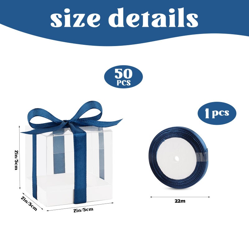 Hxezoc 50 Pack Favor Boxes 2x2x2 Inches Clear Candy Treat Boxes with Navy Blue Ribbons, Mini Plastic Gift for Wedding, Birthday Party, Baby Shower, Classroom Decoration Supplies - Image 2