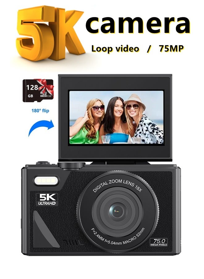 Makrystorm 5K Vlogging Digital Camera 75MP with 3 Inch Flip Screen 18X Digital Zoom Compact Anti Shake Camera for Photography Video Live Streaming Travel and Gift with 128GB SD Card - Image 1