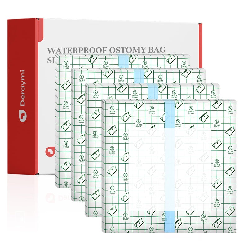 DERAYMI 50 Pack Waterproof Ostomy Bag Shower Covers with Non-Stick Center Pad, Ostomy Supplies Colostomy Ileostomy Urostomy Pouches Shower Guard Shields â€“ Hands-Free Showering Leakproof Seal 8"x 8" - Image 1