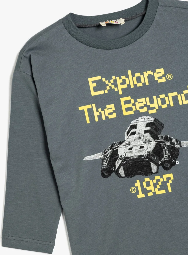 كوتون Cotton T-Shirt Printed Detail Long Sleeve Crew Neck Cotton