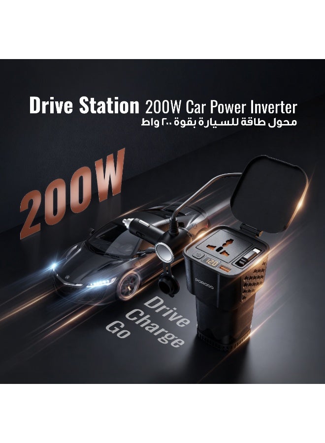 porodo Drive Station 200W with LED Display Indicator & PD 30W ,QC 18W, UK Plug / Car Power Inverter Real Time Voltage Display /  Built in Fan 65Cm retractable - Black - Image 3