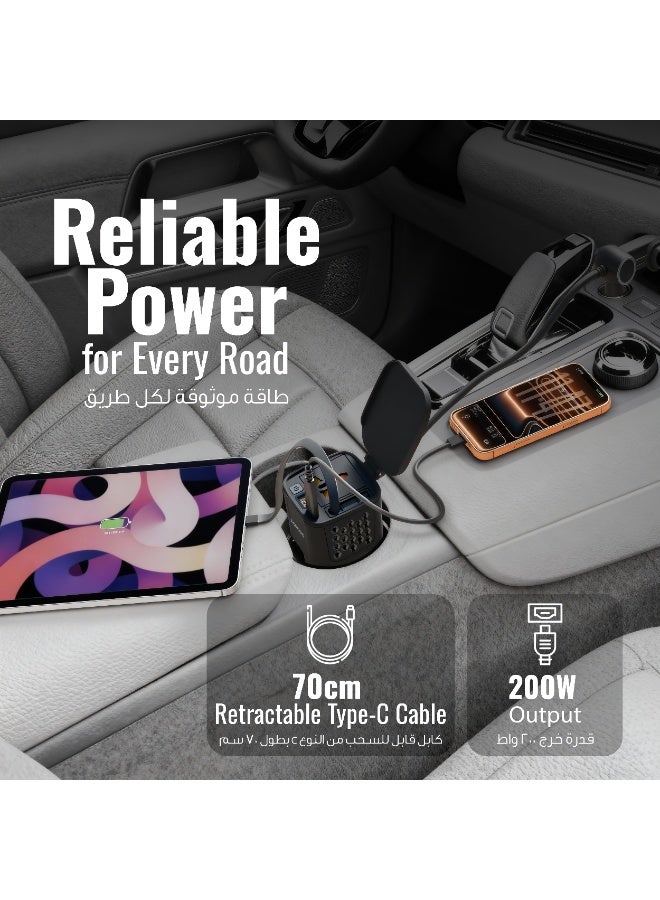 porodo Drive Station 200W with LED Display Indicator & PD 30W ,QC 18W, UK Plug / Car Power Inverter Real Time Voltage Display /  Built in Fan 65Cm retractable - Black - Image 2