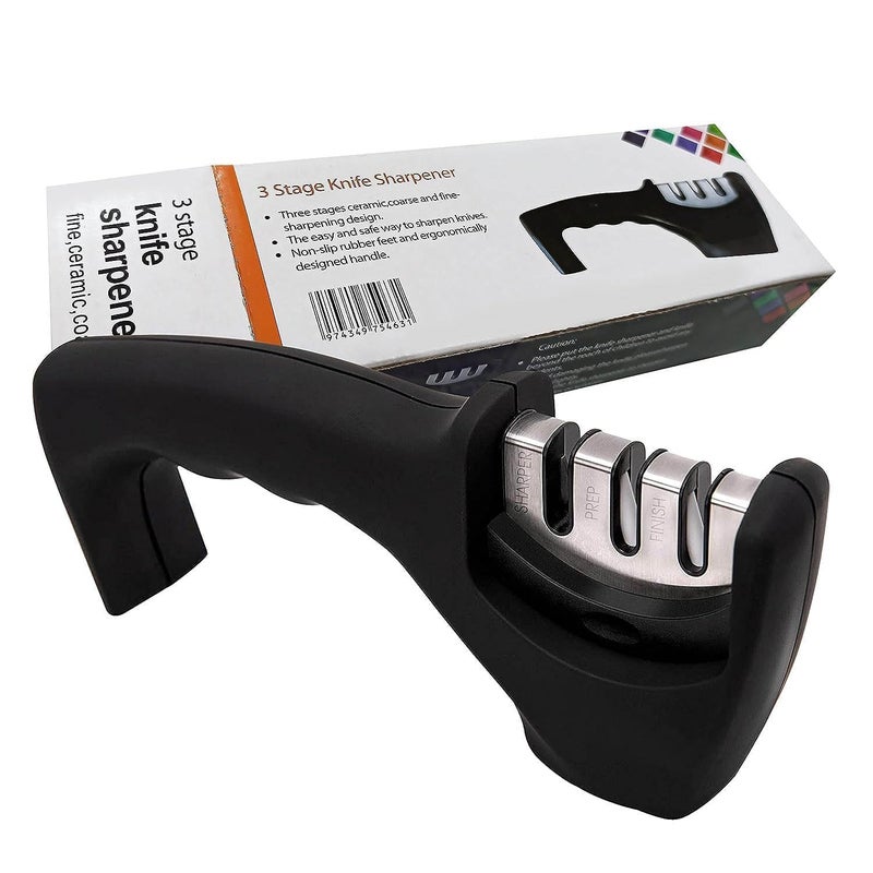 GERIX جيركس شاربنر يدوي للسكاكين أداة شحذ 3 مراحل للسكاكين السيراميكية والسكاكين الفولاذية باللون الأسود - Image 2