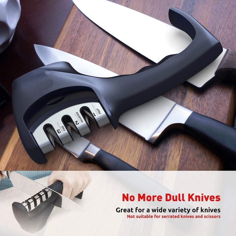 GERIX جيركس شاربنر يدوي للسكاكين أداة شحذ 3 مراحل للسكاكين السيراميكية والسكاكين الفولاذية باللون الأسود - Image 4